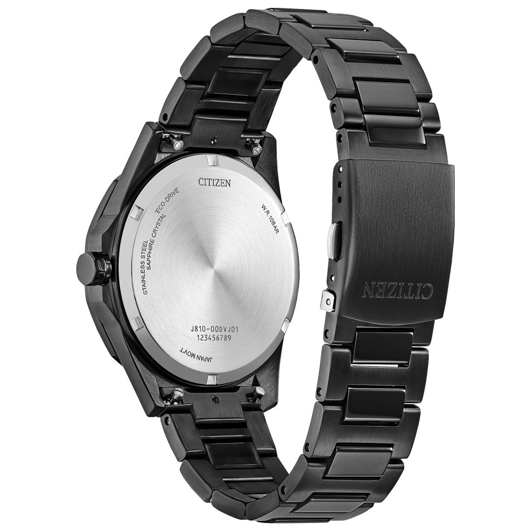 The CITIZEN Brycen Eco-Drive 42mm Watch features a black ion-plated stainless steel case back, engraved details, and the Citizen logo on the clasp—an elegant sport casual timepiece powered by Eco-Drive technology.