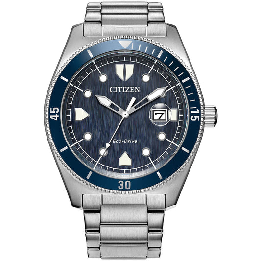 The CITIZEN Terra Force Eco-Drive 43mm Watch features a stainless steel band, blue bezel, textured black dial, luminous markers and hands, plus a date display at 3 o'clock.