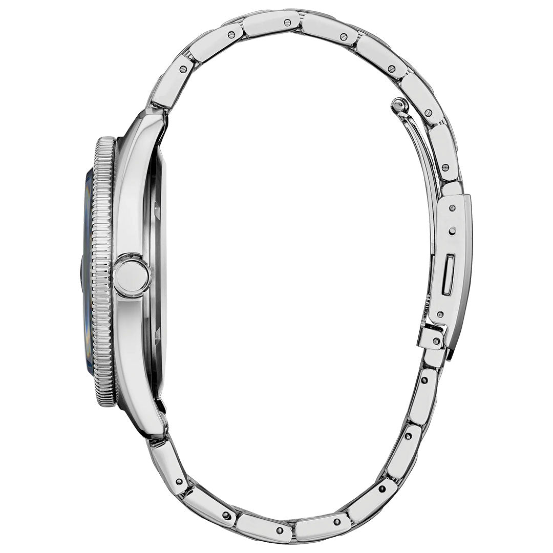 Side view of the CITIZEN Terra Force Eco-Drive 43mm watch, featuring a stainless steel case, textured bezel, and metal link bracelet with folding clasp, highlighting the case thickness.