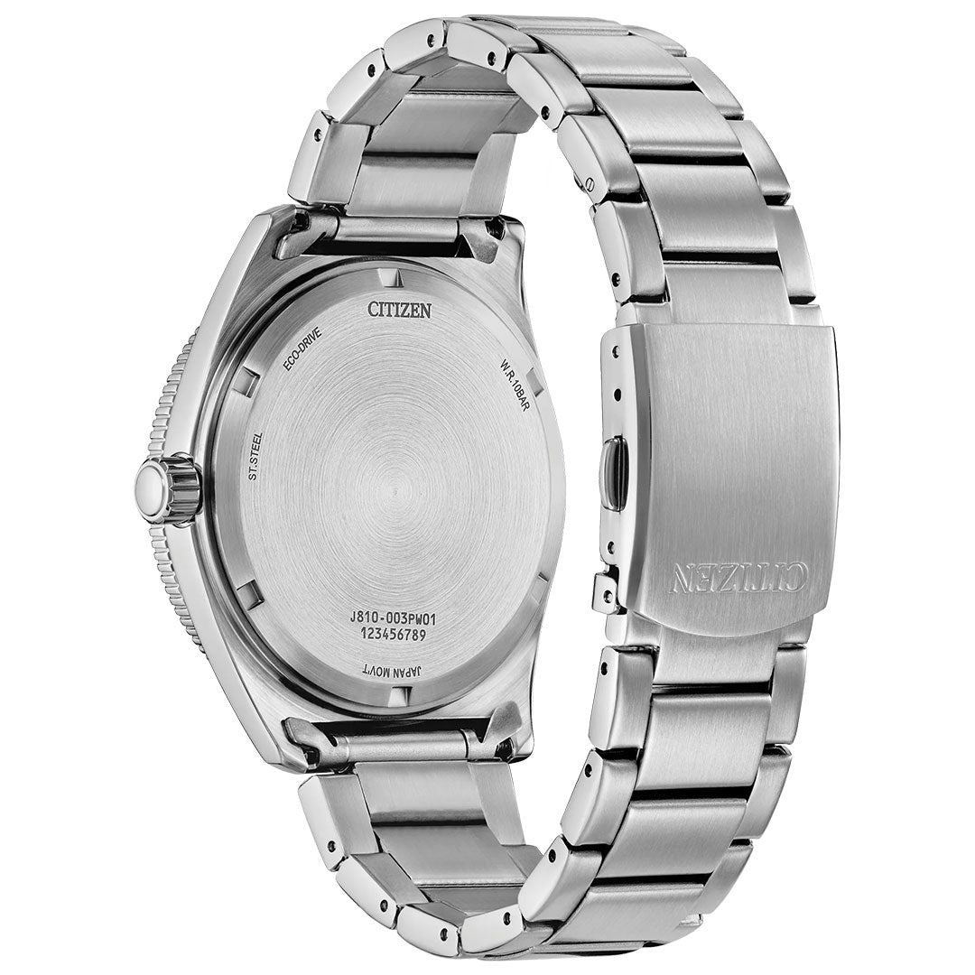 The image shows the back view of the CITIZEN Terra Force Eco-Drive 43mm Watch, featuring a stainless steel bracelet and clasp, with engravings and markings on the case back.