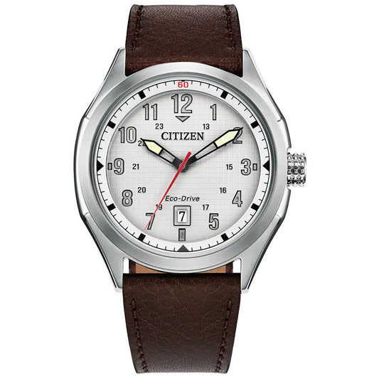 The CITIZEN Terra Force Eco-Drive 41.2mm Watch features a white dial with black numerals, date at 6 o’clock, red second hand, luminous hands, silver bezel, and a brown leather strap.