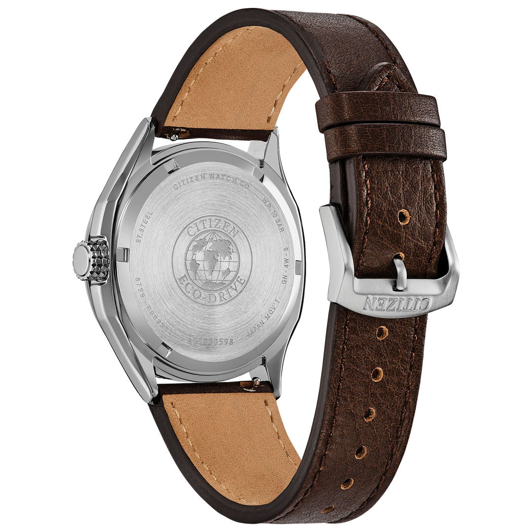 Back view of the CITIZEN Terra Force Eco-Drive 41.2mm Watch, showing a brown leather strap with a silver "CITIZEN" buckle and stainless steel case back featuring the Citizen logo and model details.