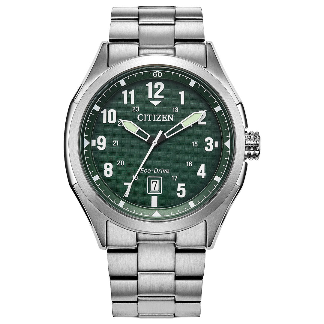 The CITIZEN Terra Force Eco-Drive 41.2mm watch features a stainless steel band, green analog face with white numerals, silver hands, and a date display at 6 o'clock.