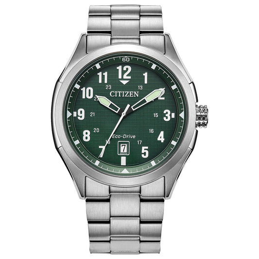 The CITIZEN Terra Force Eco-Drive 41.2mm watch features a stainless steel band, green analog face with white numerals, silver hands, and a date display at 6 o'clock.