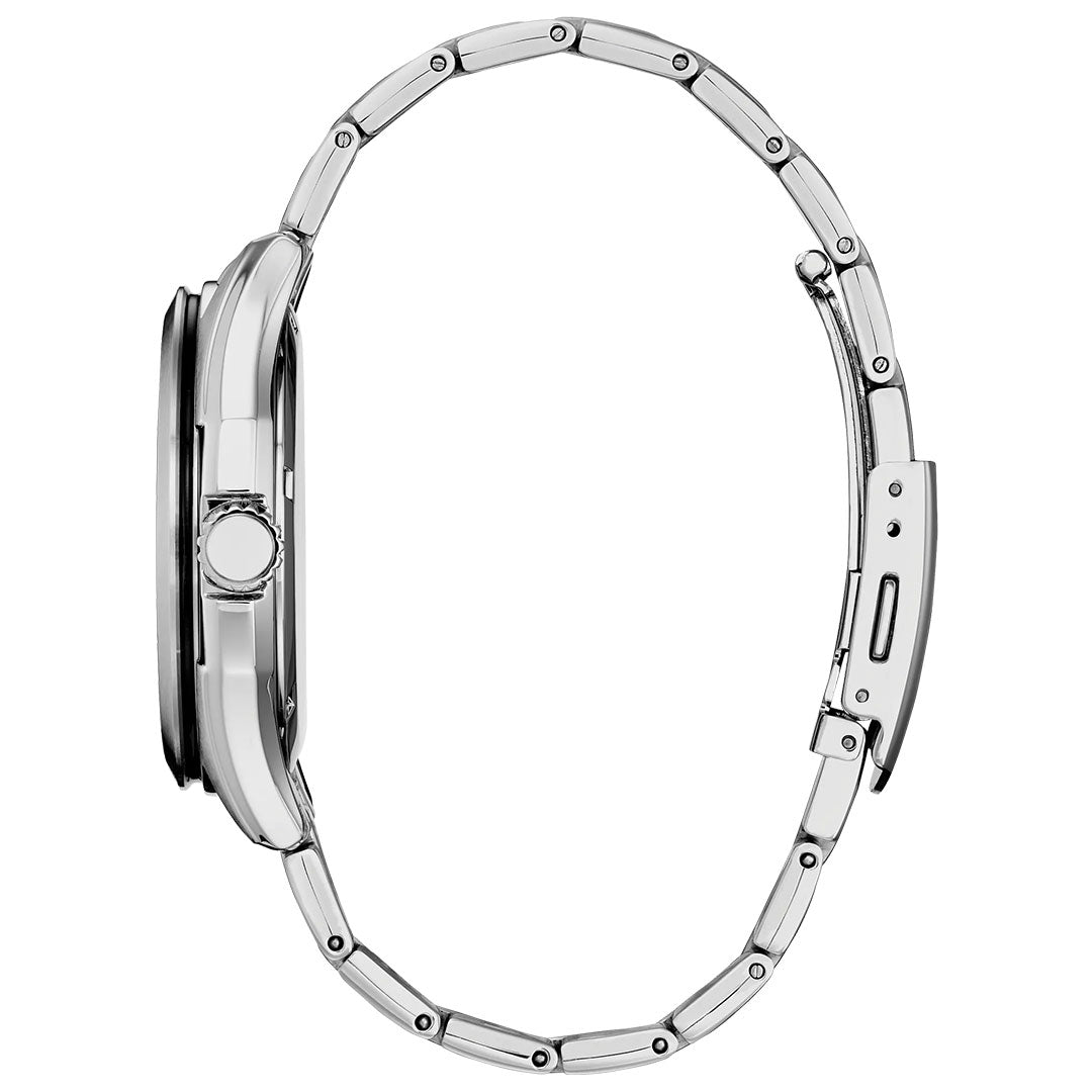 Side view of the CITIZEN Terra Force Eco-Drive 41.2mm Watch, featuring a silver stainless steel round case and metallic band, highlighting the crown and clasp details. The watch face is not visible.