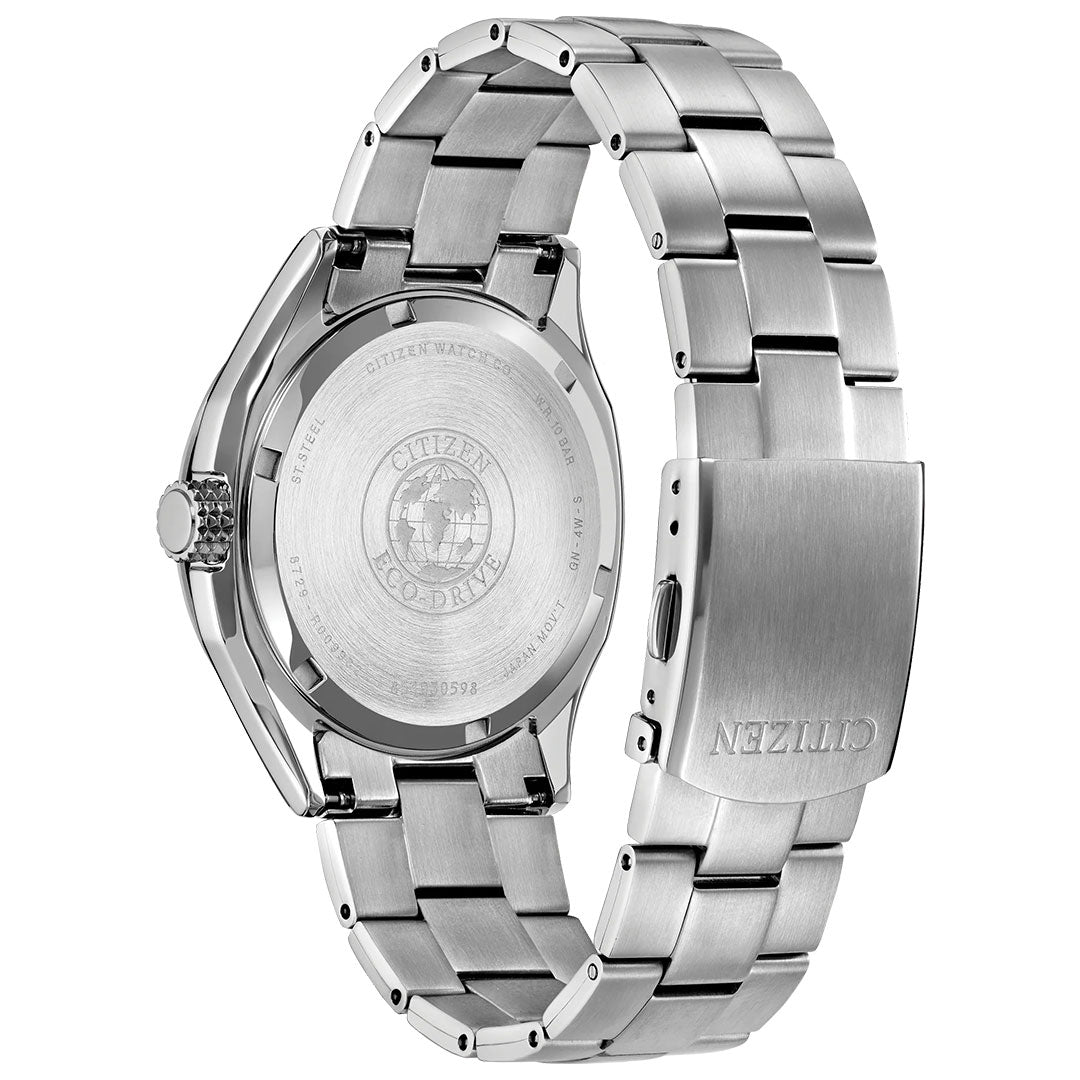 A close-up of the CITIZEN Terra Force Eco-Drive 41.2mm Watch highlights its engraved stainless steel case back and metal link bracelet with a fold-over clasp bearing the CITIZEN name.
