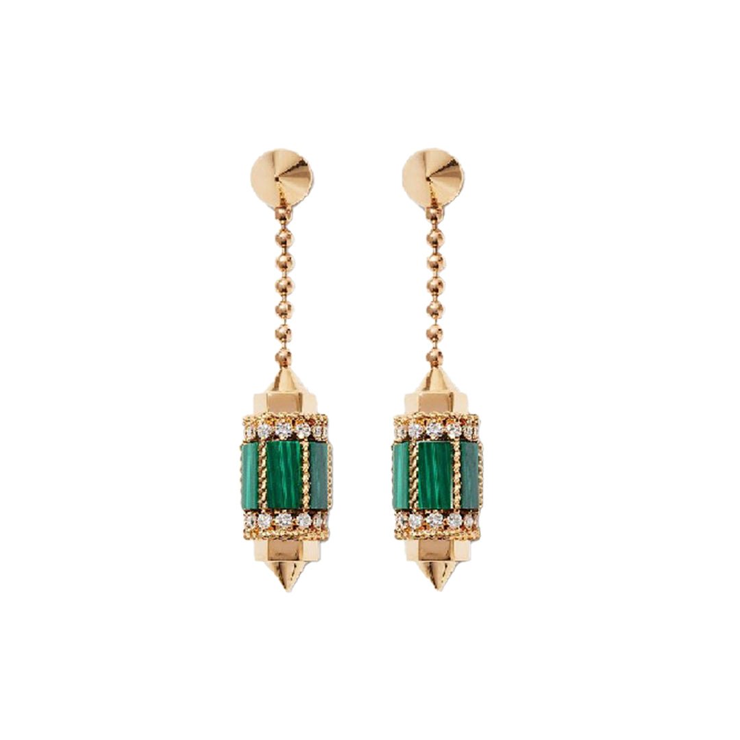 Experience the elegance of Roberto Coin's 18K Rose Gold Malachite Drop Earrings, featuring a chain-like stem, circular top, and adorned with small diamonds for luxurious detail.