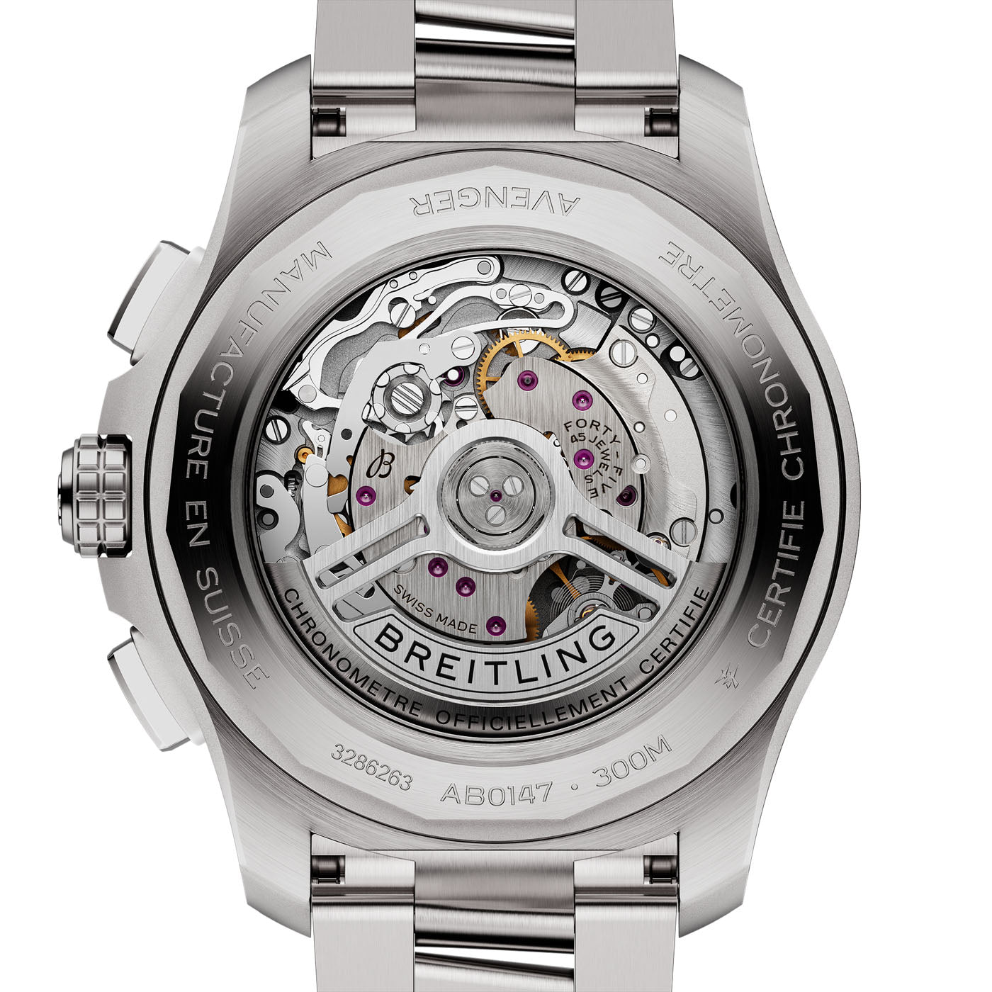 Close-up of a BREITLING Avenger B01 Chronograph 44 watch back, highlighting its mechanical movement with intricate gears and inscriptions such as "Manufacture en Suisse," "Certifie Chronometre," and "300M." The silver metallic design embodies supersonic strength along with precision and craftsmanship.