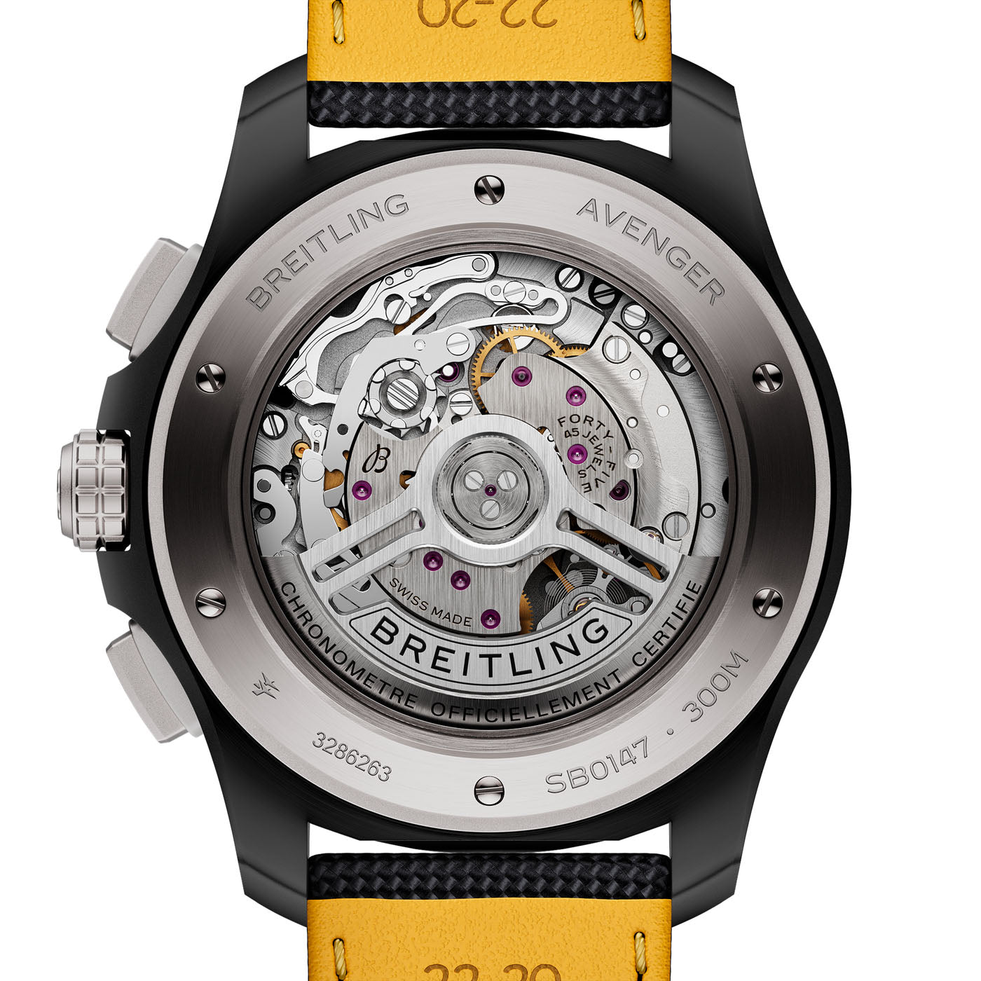 A close-up of the BREITLING Avenger B01 Chronograph 44 Night Mission watch back showcases its detailed mechanical movement and high-performance features. The visible gears, Breitling logo, and inscriptions specifying the model and water resistance are enhanced by a striking yellow strap.