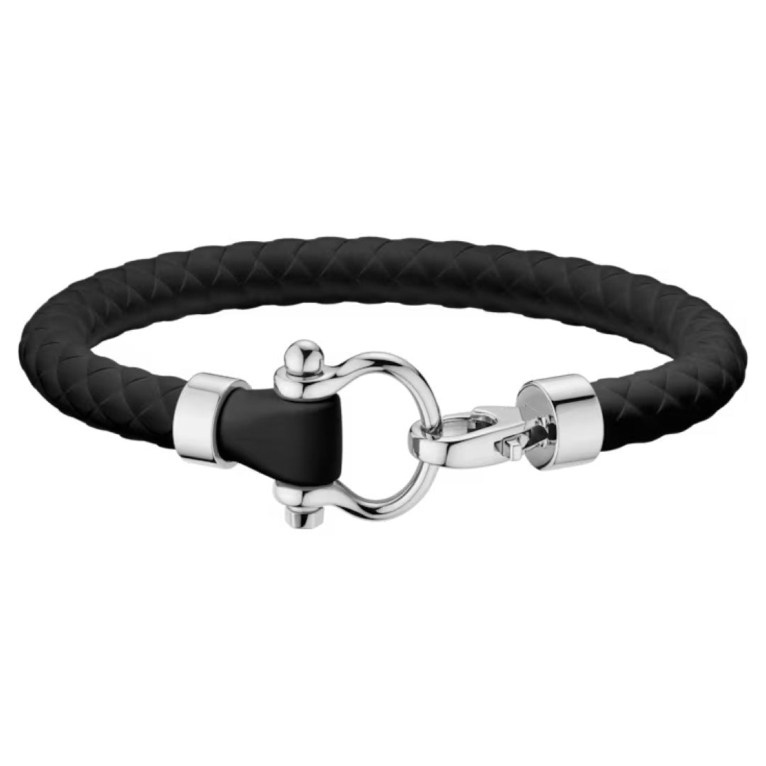 The OMEGA Aqua Sailing Rubber Bracelet features a sleek rubber band and silver-tone stainless steel clasp closure—an elegant addition to any OMEGA accessories collection.