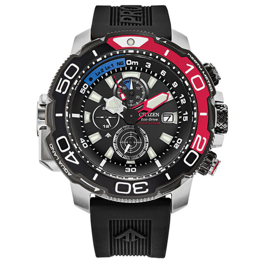 The CITIZEN Promaster Aqualand Eco-Drive 46mm Watch stands out with its black and silver case and striking red and black bezel. Featuring Eco-Drive technology, it includes date display and multiple sub-dials, all enhanced by a textured black rubber strap perfect for diving adventures.