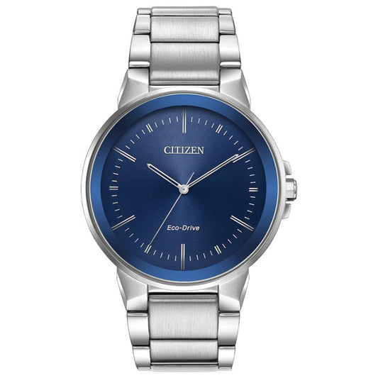 The CITIZEN Axiom Eco-Drive 40mm Watch showcases a sleek design with its midnight blue dial featuring minimalist hour markers. It comes with a stainless steel bracelet and has two hands displayed alongside the Citizen logo at the top, all encapsulated in a stylish stainless steel case.