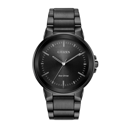 The CITIZEN Axiom Eco-Drive 41mm Watch boasts a sleek design with a black dial, silver hour markers, and a stainless steel bracelet. The minimalist aesthetic is complemented by the Citizen logo and "Eco-Drive" text on the watch face.