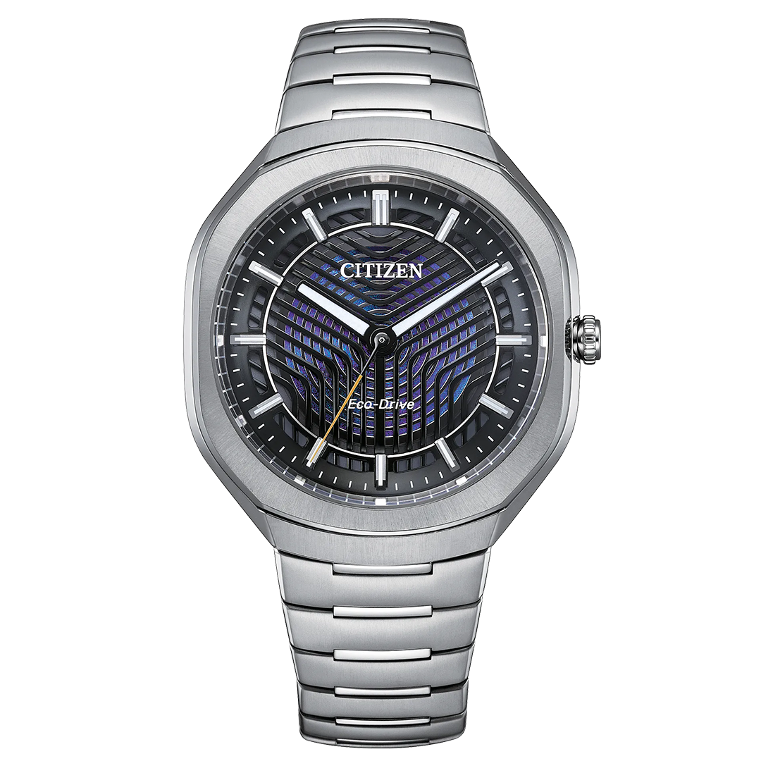 Introducing the CITIZEN Photon Eco-Drive 39.6mm Watch, a limited edition timepiece with only 5,000 pieces available. This sophisticated wristwatch features a striking black and blue patterned dial, sleek silver hour markers, and a linked metal bracelet band. Crafted with Super Titanium and advanced Eco-Drive technology, it blends timeless style with modern innovation for today’s discerning wearer.