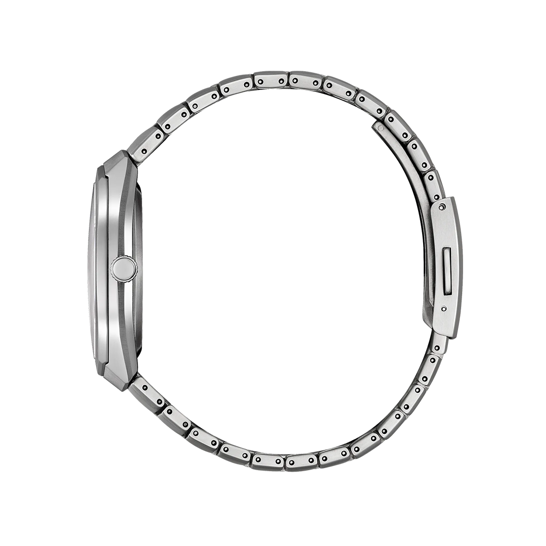 Side view of the CITIZEN Photon Eco-Drive 39.6mm Watch Limited Edition of 5,000 Pieces, featuring a silver-tone Super Titanium case and metal band. The round watch face and clasp are visible, with the crown positioned on the right side of the case to emphasize its sport luxury design. The band forms an incomplete circle, showcasing CITIZEN’s signature style.