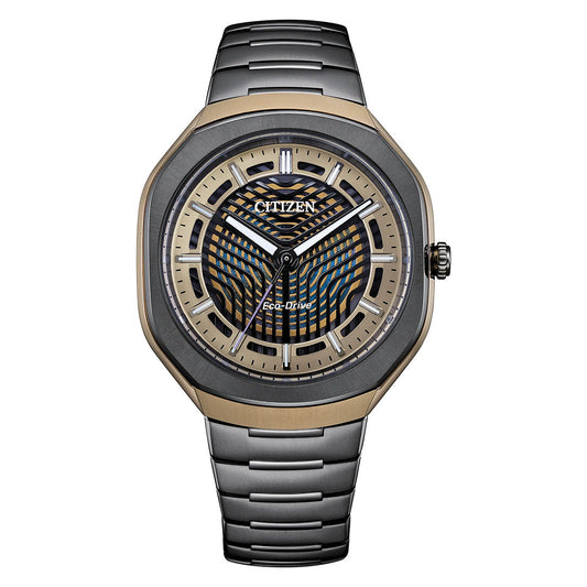 The CITIZEN Photon Eco-Drive 39.6mm Watch Limited Edition of 5,000 Pieces features a metallic band, a gold and black case, and a skeleton-style patterned dial with gold accents and geometric designs.