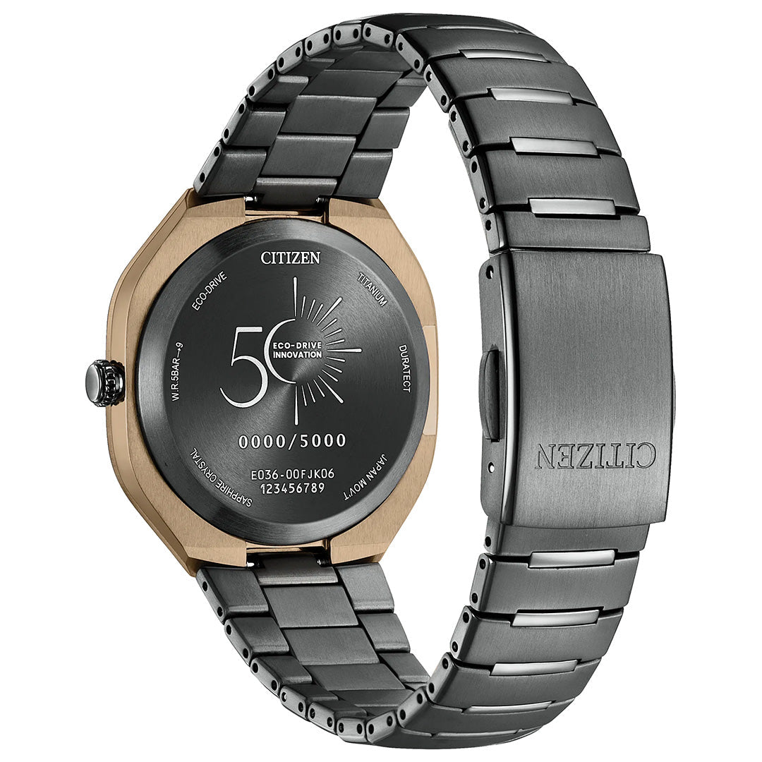 Back view of the CITIZEN Photon Eco-Drive 39.6mm Watch Limited Edition of 5,000 Pieces, featuring a metal band with engraved details like Eco-Drive, world record recognition, limited edition numbering, and the CITIZEN logo on the clasp.