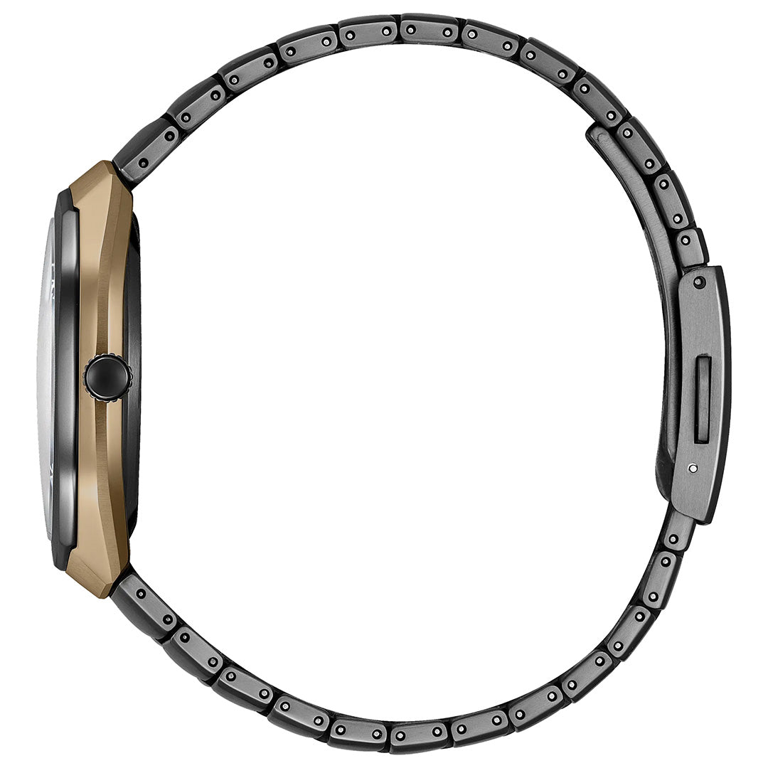 Side view of the CITIZEN Photon Eco-Drive 39.6mm Watch Limited Edition of 5,000 Pieces, featuring a metallic band and a gold and black case, with the crown and clasp detail visible against a white background.