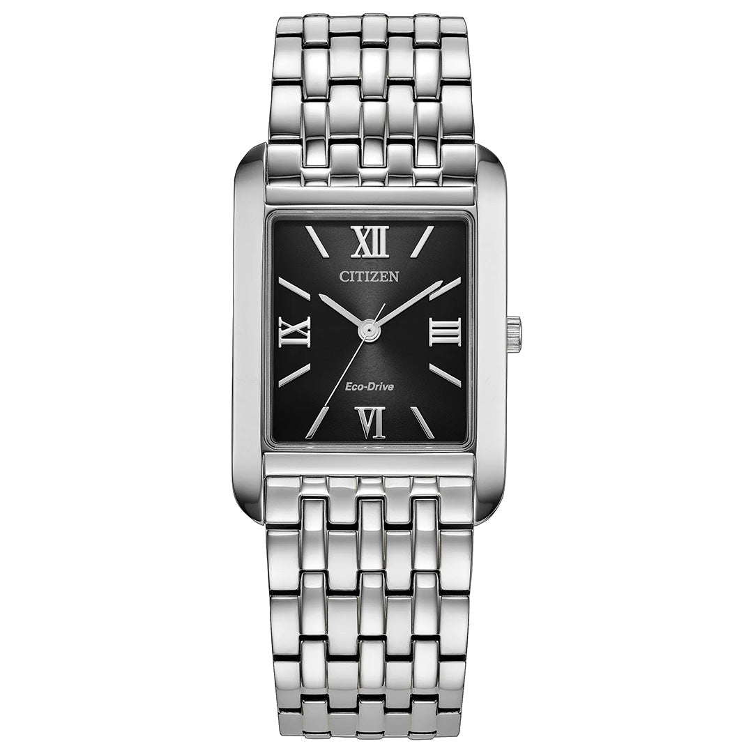 A CITIZEN Addysen Eco-Drive 26.5mm dress watch featuring a rectangular black face with Roman numerals, three hands, and “CITIZEN” and “Eco-Drive” on the dial. It has a silver stainless steel link band.