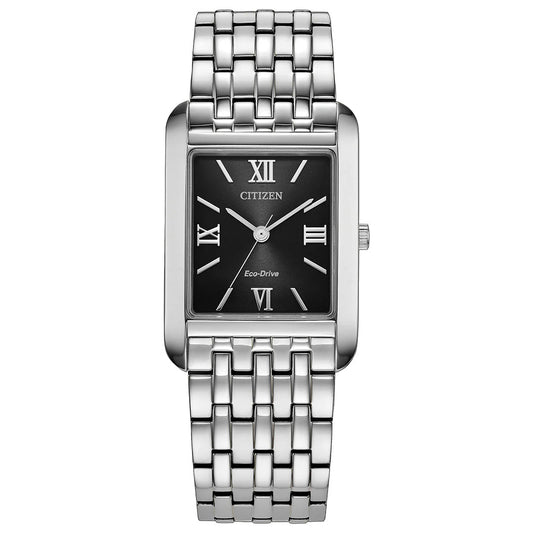 A CITIZEN Addysen Eco-Drive 26.5mm dress watch featuring a rectangular black face with Roman numerals, three hands, and “CITIZEN” and “Eco-Drive” on the dial. It has a silver stainless steel link band.