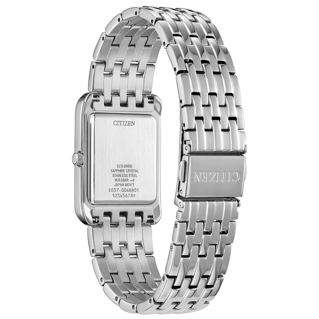 The CITIZEN Addysen Eco-Drive 26.5mm Watch in silver, shown from the back, highlights its stainless steel link band and a clasp engraved with “CITIZEN,” along with detailed engravings on the case back.