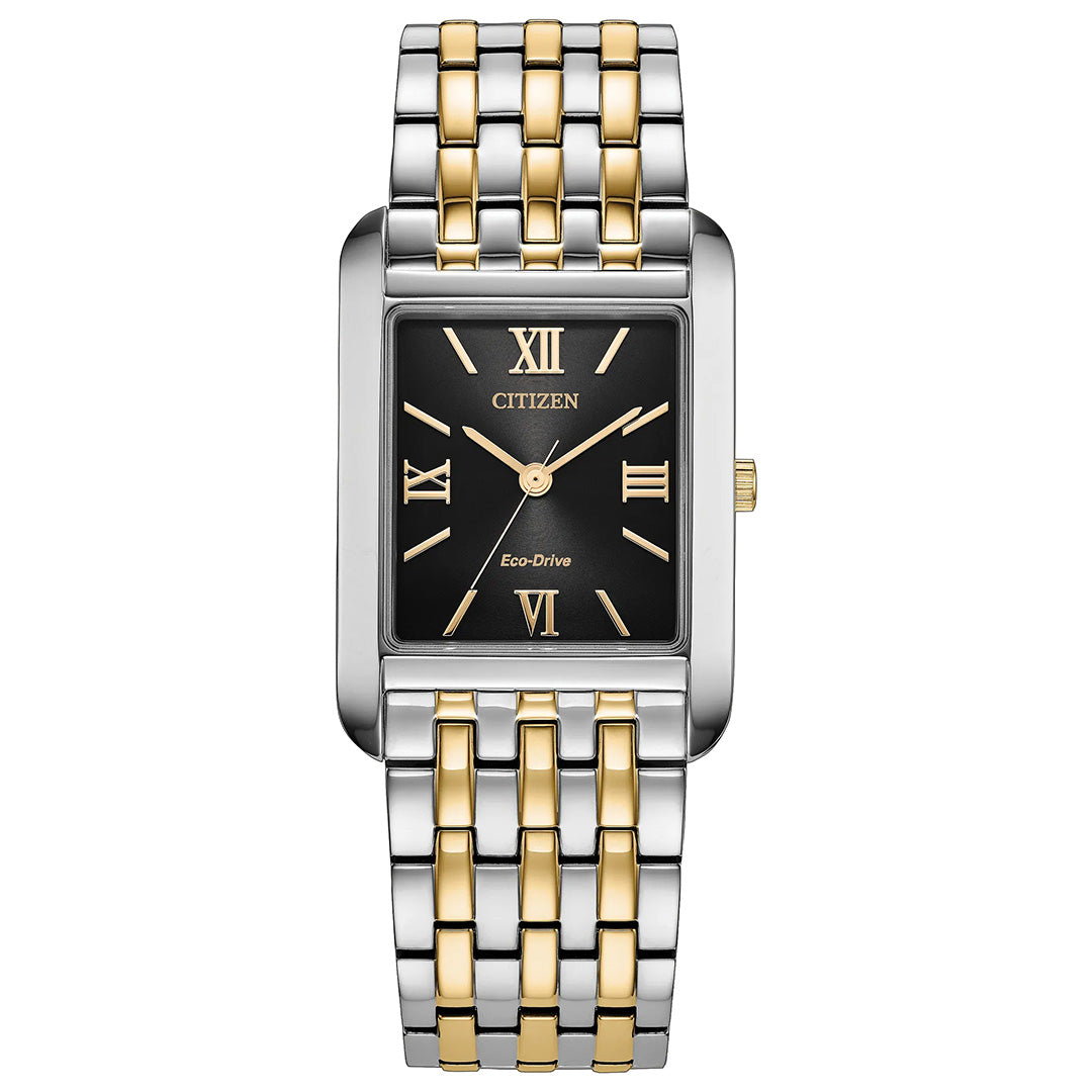 The CITIZEN Addysen Eco-Drive 26.5mm Watch features a rectangular black face with gold Roman numerals, gold hour and minute hands, and a crown on the right side. It comes with a two-tone silver and gold stainless steel link band.