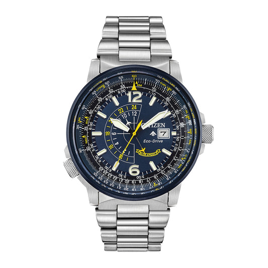 The CITIZEN Promaster Nighthawk Eco-Drive 42mm Watch is a sophisticated timepiece featuring a metal band and a blue dial, adorned with multiple sub-dials and digital markings. Yellow accents provide a striking contrast to the textured grips of the outer bezel, enhancing its complex design, while a date display adds functionality.