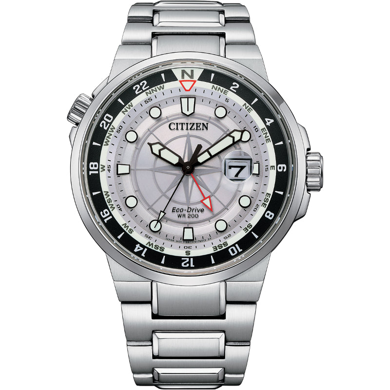 Part of the luxury collection, this silver CITIZEN Endeavor Eco-Drive 44mm Watch boasts a metallic band and compass bezel. Featuring luminescent hands, a date display at 3 o'clock, and water resistance of WR 200, its silver dial is accented in black, white, and red.