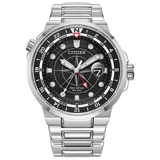 The CITIZEN Endeavor Eco-Drive 44mm Watch is a luxury timepiece featuring dual time zone dials, a date display, and a bezel marked with cardinal directions and 24-hour numbers. It boasts a stainless steel band and a black face.