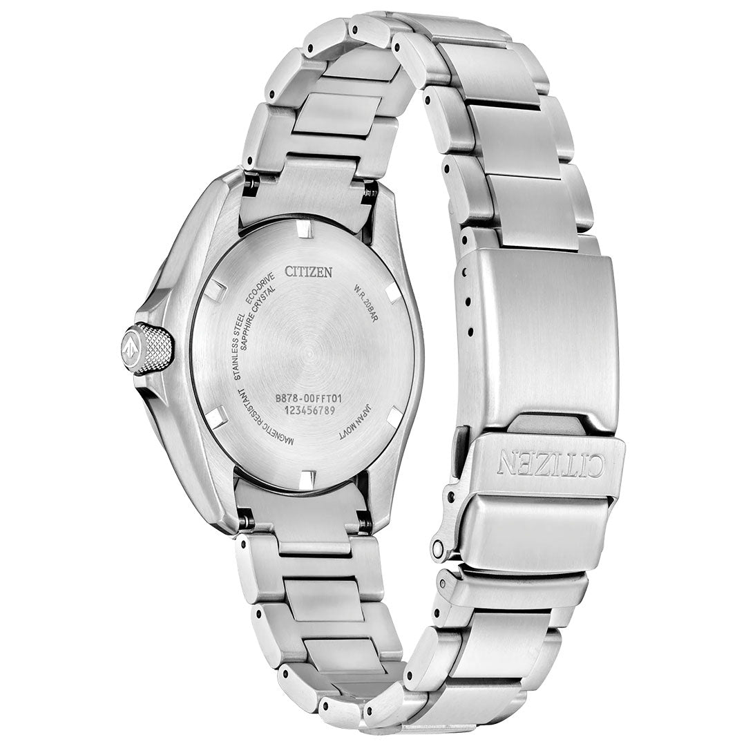 The CITIZEN Promaster Land GMT Eco-Drive 39.5mm watch is shown from the back, highlighting its stainless steel case, engraved details, and metal link bracelet with a deployment clasp.