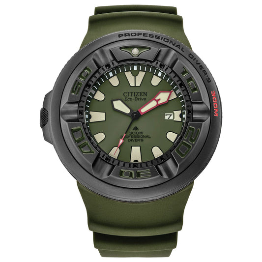 The CITIZEN Promaster Dive "Ecozilla" Eco-Drive 48mm Watch, in green and black, includes a rotating bezel and bold, luminescent markers and hands with a red seconds hand. It offers water resistance up to 300 meters, making it ideal for professional divers.