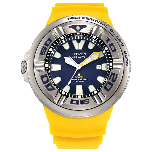 The CITIZEN Promaster Dive "Ecozilla" Eco-Drive 48mm Watch showcases Eco-Drive technology, a blue dial with bold silver and yellow hands, and large index markers. Its metallic bezel pairs beautifully with the bright yellow strap. This watch is water-resistant up to 300 meters.