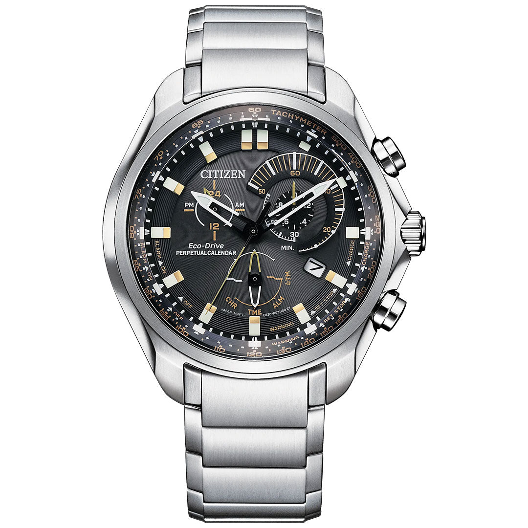 The CITIZEN Sport Chronograph Eco-Drive 43mm Watch for men features a silver tone, black and gold dial with three subdials, date display, luminous hands, tachymeter bezel, and a metal link band—a luxury watch from CITIZEN.