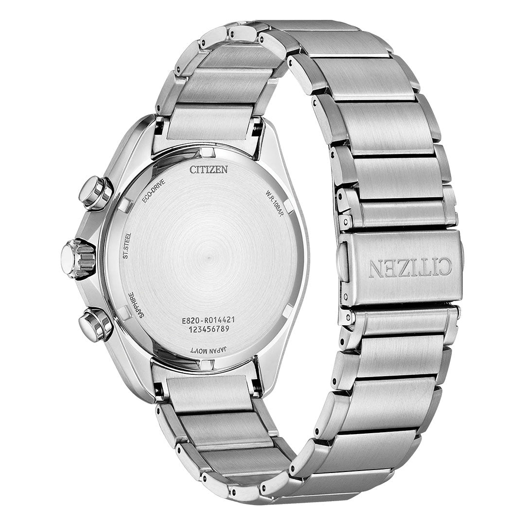 The back view of the CITIZEN Sport Chronograph Eco-Drive 43mm Watch for men in silver shows a metal link band, the engraved CITIZEN logo on the clasp, and detailed etching around the circular case back.