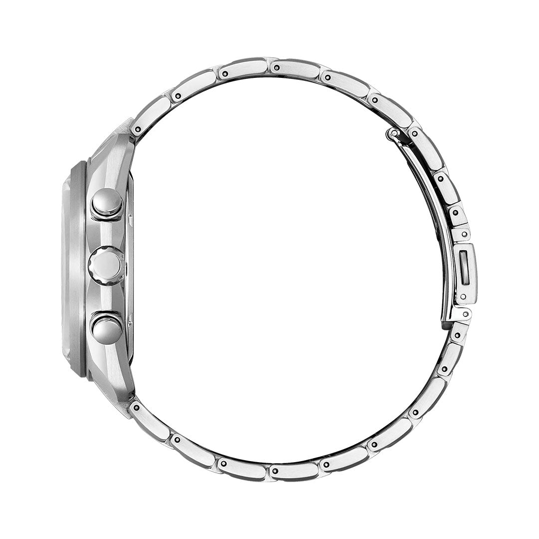 Side view of the CITIZEN Sport Chronograph Eco-Drive 43mm men's watch in silver metal, featuring a linked bracelet, two buttons and a crown on the right, visible clasp, and CITIZEN’s advanced Eco-Drive technology.