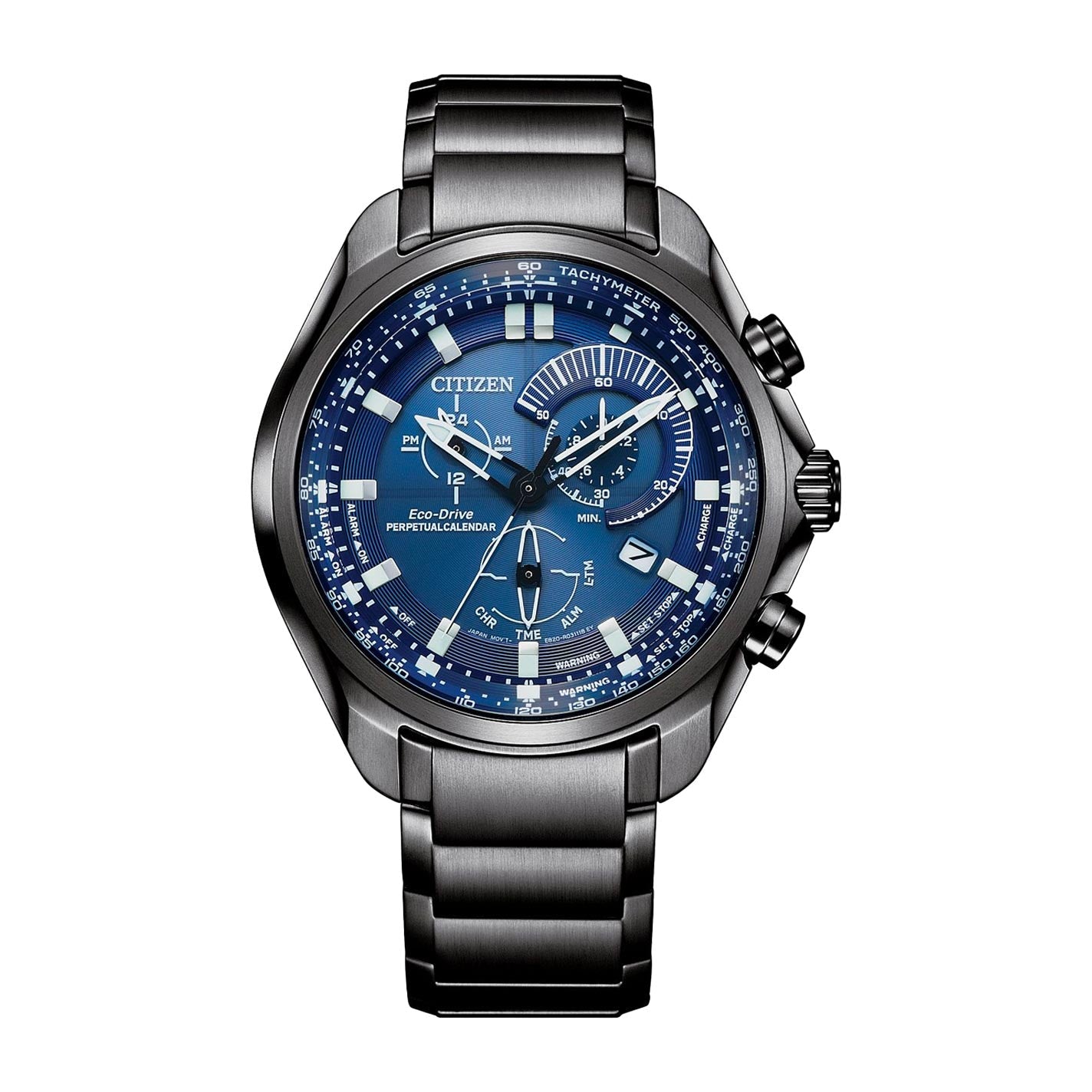 Discover the elegance of the CITIZEN Sport Chronograph Eco-Drive 43mm Watch, designed with a chic blue dial and three subdials. Equipped with Eco-Drive technology, it boasts white hour markers and a date display for enhanced functionality. This luxurious timepiece is completed with a stainless steel bracelet and multiple control buttons, embodying both style and sophistication.