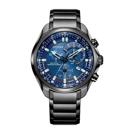 Discover the elegance of the CITIZEN Sport Chronograph Eco-Drive 43mm Watch, designed with a chic blue dial and three subdials. Equipped with Eco-Drive technology, it boasts white hour markers and a date display for enhanced functionality. This luxurious timepiece is completed with a stainless steel bracelet and multiple control buttons, embodying both style and sophistication.