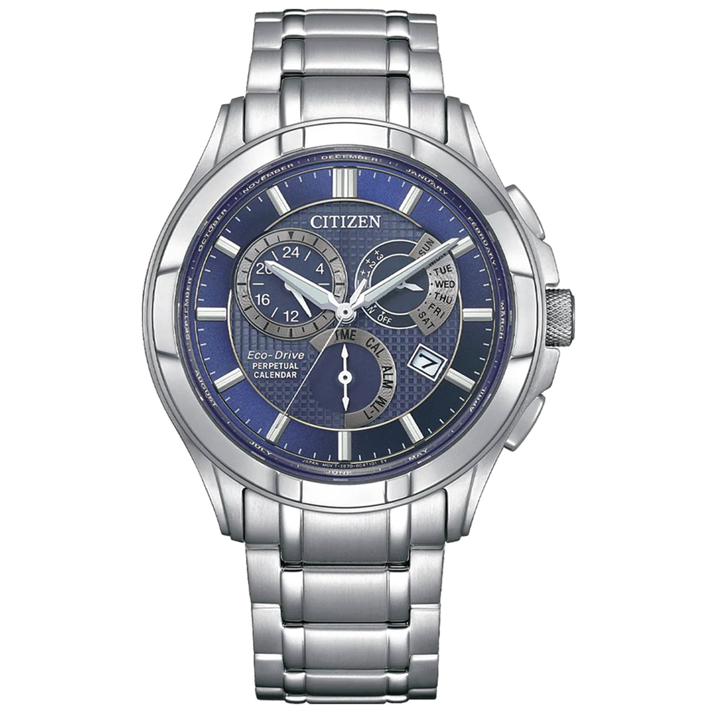 The CITIZEN Calibre 8700 Eco Drive 42.5mm Watch is a silver men's wristwatch featuring a blue dial and Eco-Drive technology. It includes three subdials, a world time display, day/date windows, and a stainless steel link band. The watch shows the time as 10:08 and the date as the 24th.