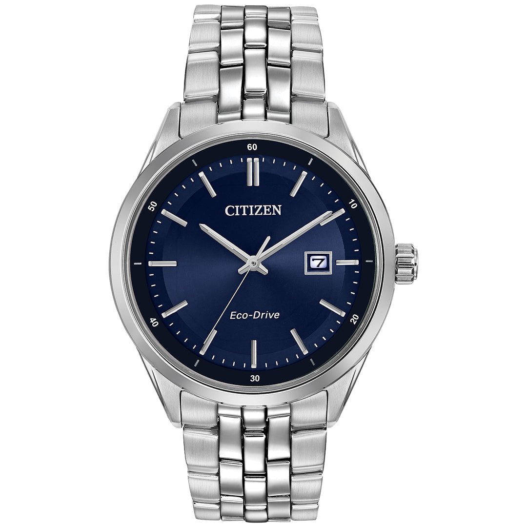 The CITIZEN Addysen Eco-Drive 41mm watch features a stainless steel design, blue dial, silver hour markers, sapphire crystal, and a date window at three o'clock. Its metal link bracelet combines elegance with functionality.