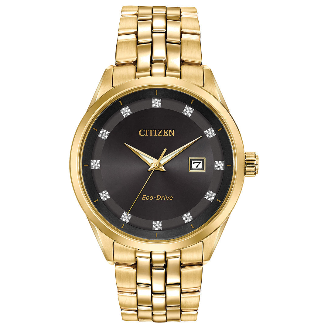 The CITIZEN Addysen Eco-Drive 41mm Watch features a black dial with diamond-like markers and a date display. Its Eco-Drive movement harnesses light for power, needing no batteries, while its elegant design is completed with a gold link bracelet.