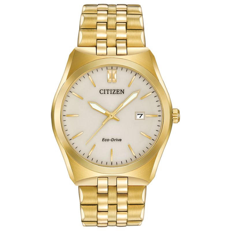 The CITIZEN Corso Eco-Drive 40mm Watch features a gold-tone stainless steel design, complete with a champagne dial and gold hour markers. It includes a date window at the 3 o'clock position and comes with a matching gold bracelet. This stylish timepiece from CITIZEN is also water-resistant, combining elegance with practicality.