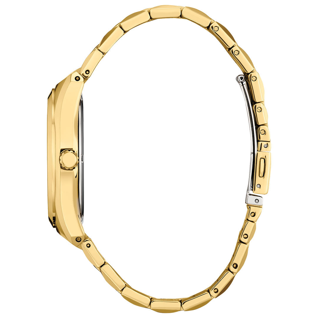 Side profile of the CITIZEN Corso Eco-Drive 40mm watch, featuring an elegant linked bracelet in gold-tone stainless steel. The slim watch case highlights a minimalist design, with the bracelet's clasp partially visible.