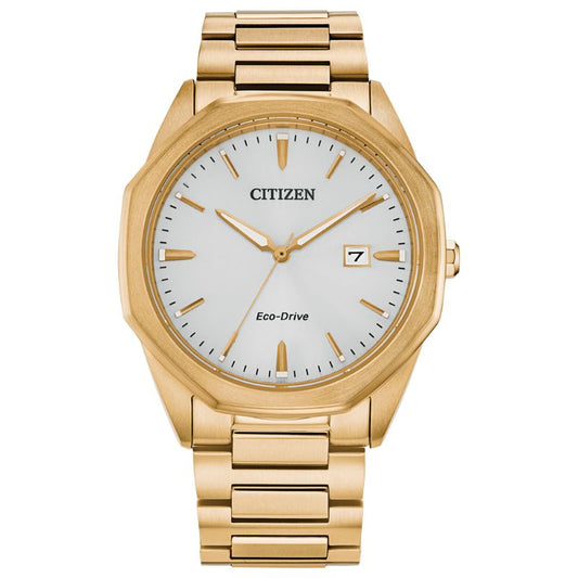 Introducing the CITIZEN Corso Eco-Drive 40mm Watch, a gold-tone wristwatch featuring a round white dial. This stunning timepiece showcases gold hour markers and hands, along with a date display at the 3 o'clock position. Its sleek design is complemented by an elegant gold metal bracelet.
