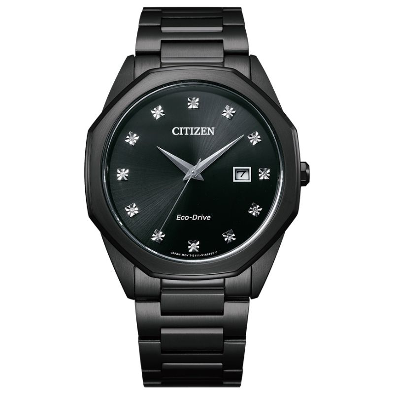 The CITIZEN Corso Eco-Drive 41mm Watch features a black metal band paired with a dark green dial, highlighted by diamond markers and silver hands. Its octagonal bezel and date display at the 3 o'clock position offer a sleek, modern design powered by Eco-Drive technology.