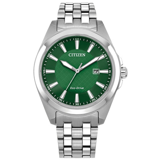 The CITIZEN Peyten Eco-Drive 41mm watch features a metal bracelet and a green textured dial, complemented by white hour markers and a date window at 3 o'clock, all encased in a silver bezel.