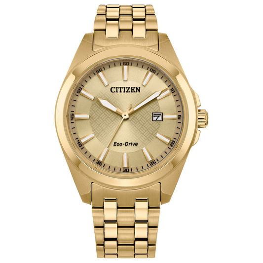 The CITIZEN Peyten Eco-Drive 41mm Watch is a luxurious timepiece featuring a gold-linked bracelet and a gold-toned patterned dial. With slender hour markers and a small date window on the right side, this watch showcases a sleek, metallic finish that exudes elegance and style.