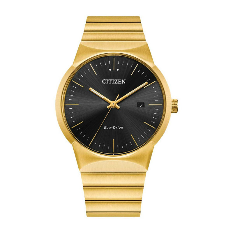 Introducing the CITIZEN Axiom Eco-Drive 40mm Watch, featuring a polished gold-tone stainless steel strap and case. This timepiece includes a round black dial with stylish gold hour markers, refined gold hands, and a convenient date window at the 3 o'clock position, offering both elegance and functionality.