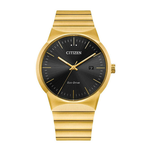 Introducing the CITIZEN Axiom Eco-Drive 40mm Watch, featuring a polished gold-tone stainless steel strap and case. This timepiece includes a round black dial with stylish gold hour markers, refined gold hands, and a convenient date window at the 3 o'clock position, offering both elegance and functionality.