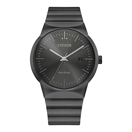 Introducing the CITIZEN Axiom Eco-Drive 40mm Watch: a sleek black timepiece with a minimalist design. Its round dial showcases thin silver hour markers and hands, complete with a date window at 3 o'clock. Enhanced by a smooth stainless steel bracelet, this stylish watch is both fashionable and eco-friendly.