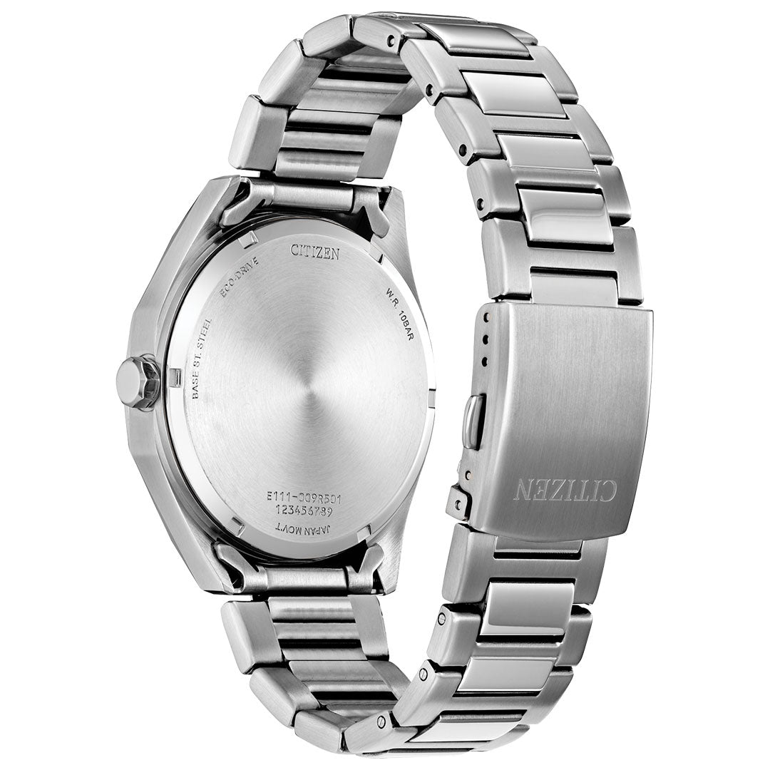 The image features the CITIZEN Weekender Eco-Drive 41mm Watch, showcasing its silver stainless steel case and metal link band. Displayed from the back, it highlights the clasp, engraved details, and incorporates Eco-Drive technology. The bracelet's shiny, reflective surface underscores its sleek design.